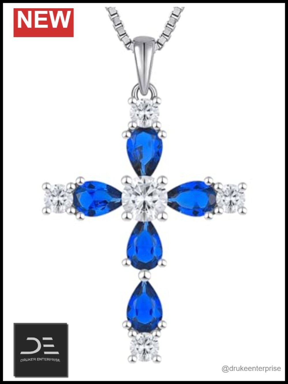 925 Sterling Silver Cross Necklace Halo Created Sapphire Pendant